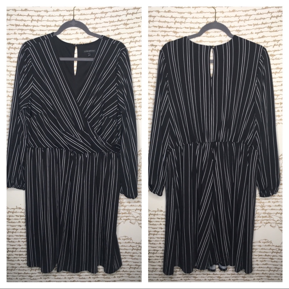 Lane Bryant Size 16 Black & White Striped Wrap Style Long Sleeve Midi Dress